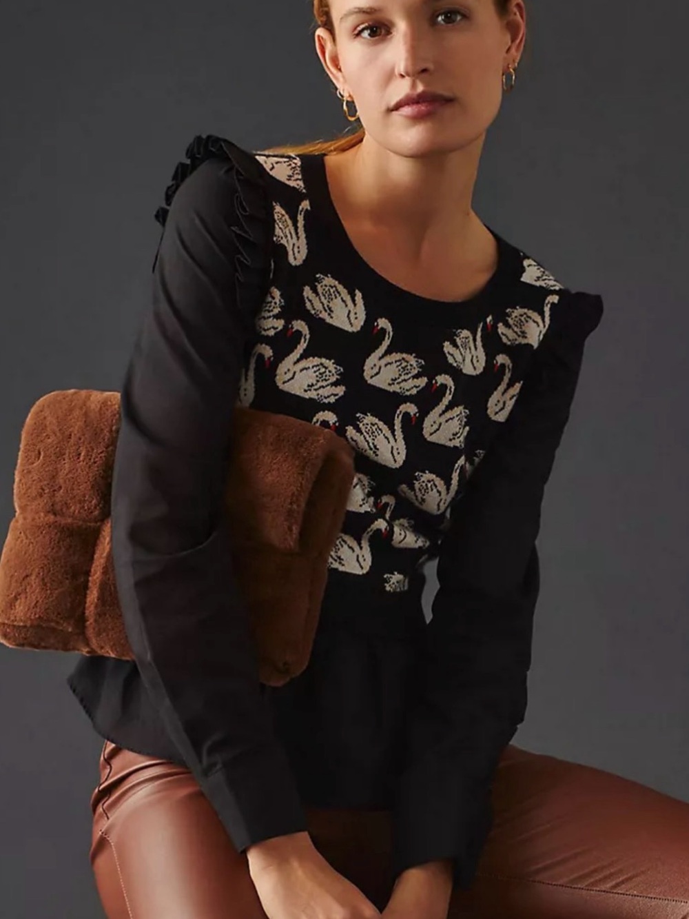 Anthropologie Black Sweater with Cream Swan Jacquard